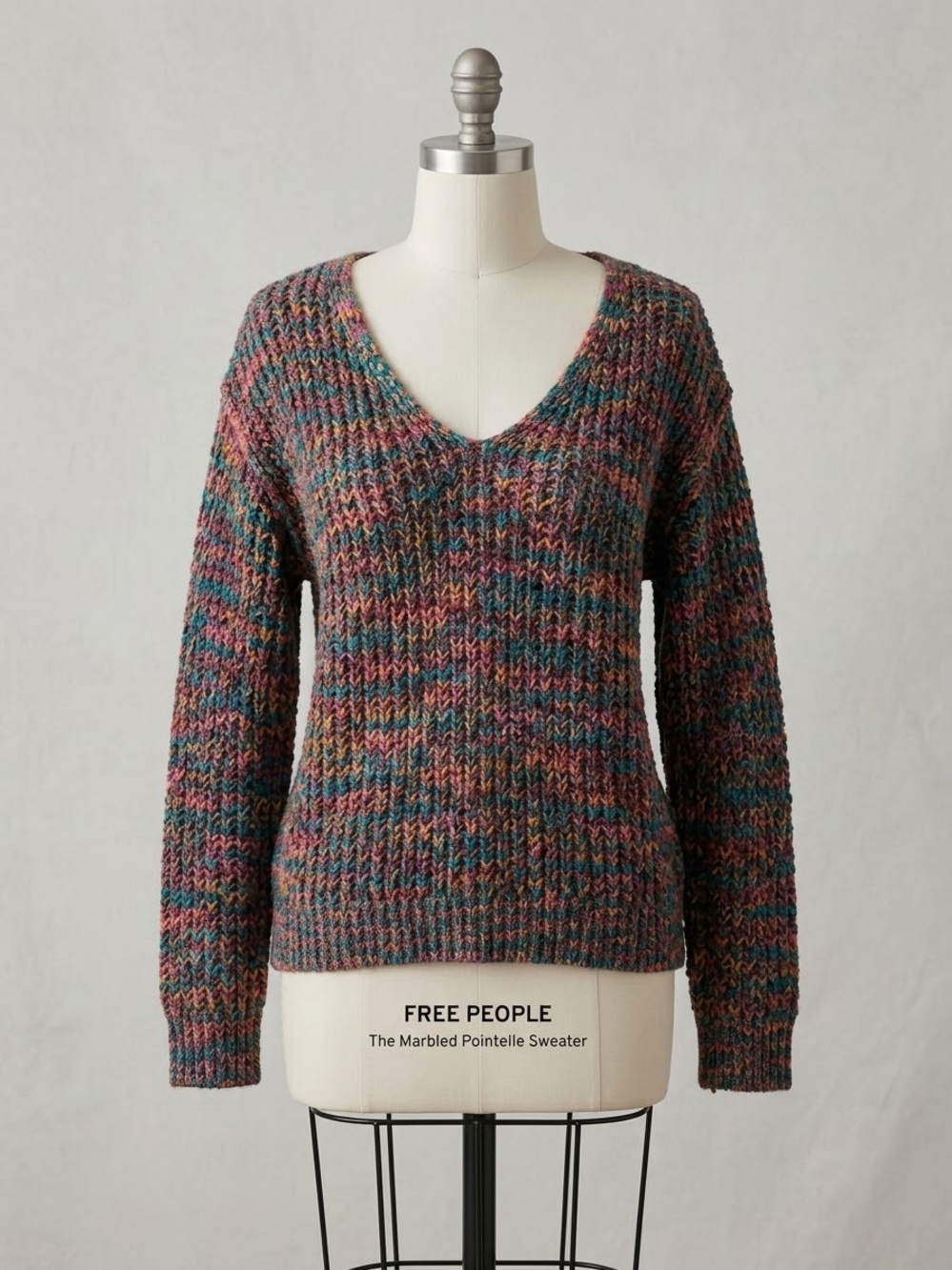Free People V-Neck Marled Sweater in Gray, Teal, Pink